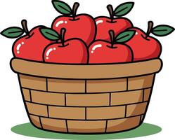 Basket full of fresh red apples with green leaves simple hand drawn fruit illustration vector