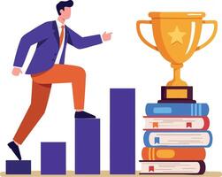 Businessman climbing bar chart steps reaching trophy on stack of books symbolizing success and achievement in career growth vector