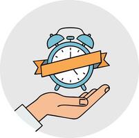 Alarm clock with orange ribbon held by hand symbolizing time management and organization illustration vector