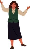 Woman standing with raised hands wearing green vest and black skirt expressing happiness and confidence illustration vector