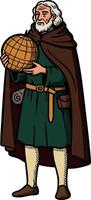 Medieval explorer holding globe in cloak with green robe and belt detailed illustration vector
