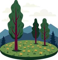 Landscape with tall green trees and yellow flowers in meadow with blue mountains and cloudy sky illustration vector