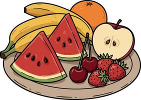 Fresh fruit plate with watermelon slices bananas orange apple cherries and strawberries in colorful style vector