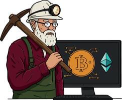 Miner holding pickaxe with computer showing bitcoin and ethereum cryptocurrency symbols illustration vector