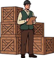 Warehouse worker inspecting shipment with clipboard near stacked wooden crates in storage area illustration vector