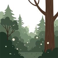 Forest background with green trees and brown trunk in natural woodland landscape illustration vector