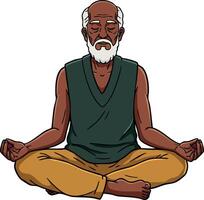 Elderly man meditating in lotus position with closed eyes and calm expression for mental wellness and relaxation illustration vector