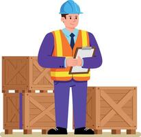 Construction worker in safety vest and helmet checking inventory with clipboard standing near wooden crates and boxes illustration vector