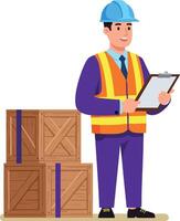 Construction worker wearing safety vest and helmet inspecting wooden crates with clipboard in warehouse illustration vector