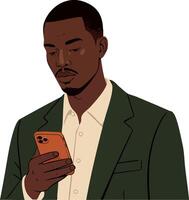 Man in green suit jacket using smartphone with focused expression digital illustration vector