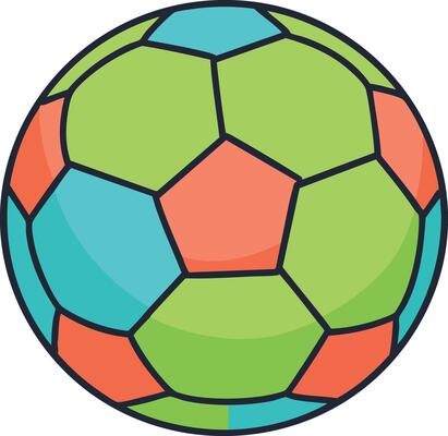 Colorful geometric soccer ball design with green blue and orange panels isolated on white background