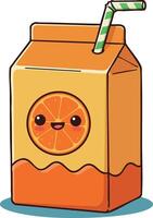 Cute orange juice carton with smiling face and green striped straw illustration for kids and beverage design vector
