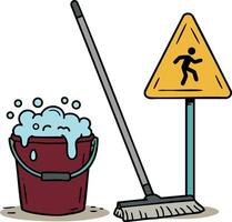Cleaning bucket with foam mop and caution wet floor sign for workplace safety and hygiene illustration vector