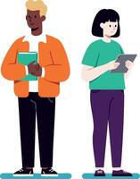 Two young people standing with digital tablet and book in casual clothes illustration vector