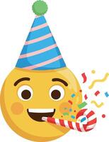 Party emoji with striped party hat blowing party horn and colorful confetti celebration design cheerful expression vector