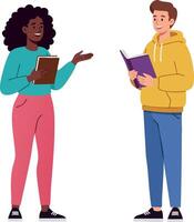 Two students discussing while holding books in casual colorful clothes illustration vector