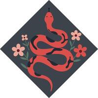 Red snake coiled among pink and red flowers with dark grey background design vector