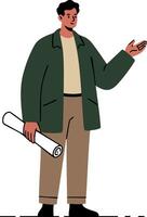 Young man holding blueprint with casual outfit and confident gesture in flat style illustration vector