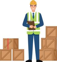 Construction worker wearing safety vest and helmet standing with clipboard near wooden crates in warehouse or site setting illustration vector