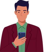 Man using smartphone technology with burgundy jacket and green shirt illustration digital communication device vector