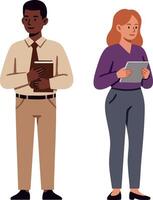 Two diverse professionals standing with digital tablet and book in casual business attire illustration vector