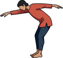 Man balancing on toes with arms extended wearing red shirt and blue pants illustration vector