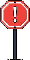 Red octagonal warning sign with exclamation mark on black pole illustration for caution and alert messages vector