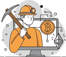 Cryptocurrency miner with pickaxe and helmet mining bitcoin and ethereum digital coins on computer screen illustration vector