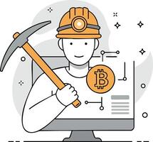 Bitcoin cryptocurrency miner with pickaxe and helmet working on digital currency mining concept illustration vector