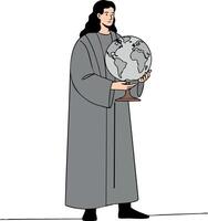 Person holding globe standing in long coat with confident expression design illustration vector