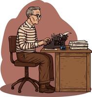 Elderly man typing on vintage typewriter at wooden desk with stack of papers in cozy office setting illustration vector