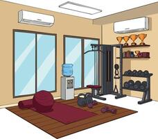 Home gym interior design with dumbbells exercise equipment yoga mat and water cooler in beige room vector