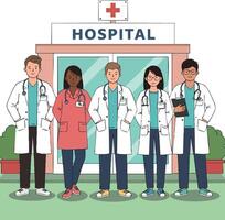 Diverse medical team standing in front of hospital building with red cross sign and professional attire for healthcare environment vector