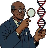 Scientist examining DNA strand with magnifying glass for genetic research and scientific discovery illustration vector