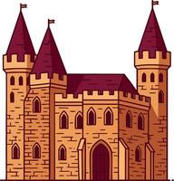 Medieval castle with three towers and flags in style detailed historic fortress architecture illustration vector
