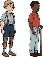 Boys with prosthetic legs and walking cane standing side by side illustration of children with disabilities and mobility aids vector