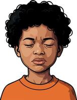 Boy with curly hair wearing orange shirt showing eyes closed and displeased facial expression illustration vector