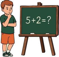 Boy Thinking Solving Math Problem on Blackboard Educational Concept for Learning and School Study vector