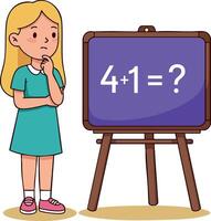 Girl thinking about math problem 4 plus 1 on purple chalkboard educational concept illustration vector
