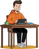 Young man using tablet sitting at wooden desk with coffee cup and book in casual orange hoodie working or studying indoors vector