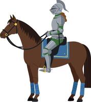 Knight in full armor sitting on brown horse with blue saddle and leg wraps illustration vector