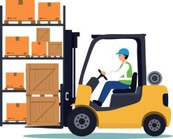 Forklift operator driving yellow forklift loading wooden crates and cardboard boxes in warehouse storage environment vector