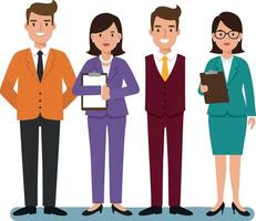 Four business people standing together in professional attire holding documents and smiling in teamwork concept illustration vector