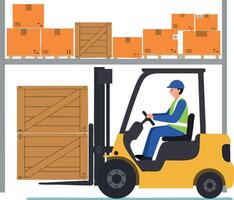 Forklift operator moving wooden crates in warehouse storage area with stacked cardboard boxes and safety gear vector