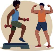 Two men exercising with dumbbells and step platform fitness workout training strength and muscle building illustration vector