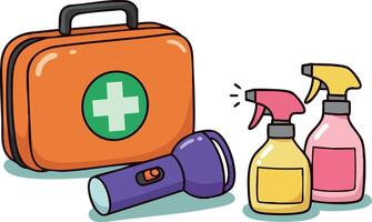 First aid kit with flashlight and cleaning spray bottles for emergency preparedness and home safety essentials illustration vector
