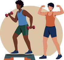Fitness exercise with two people doing step aerobics and weight training for health and strength improvement vector