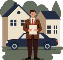 Real estate agent holding documents standing by car with houses in background illustration vector