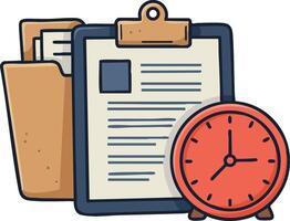 Clipboard with documents and red clock icon for time management and organization illustration vector