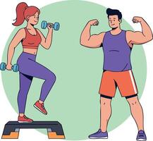 Fitness couple exercising with dumbbells and step platform showing muscle strength and workout motivation illustration vector
